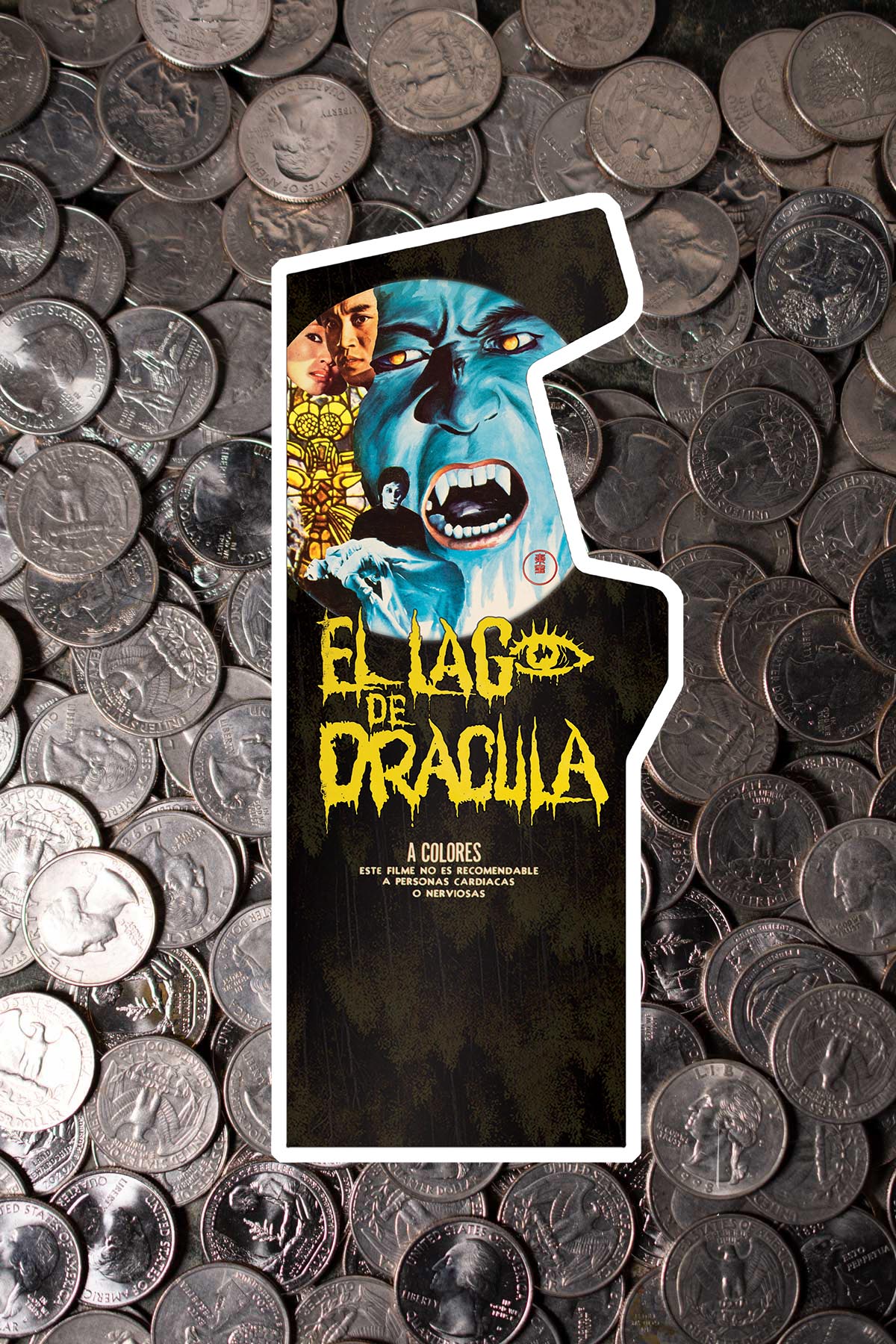 El Lago de Dracula cabinet art on a field of quarters