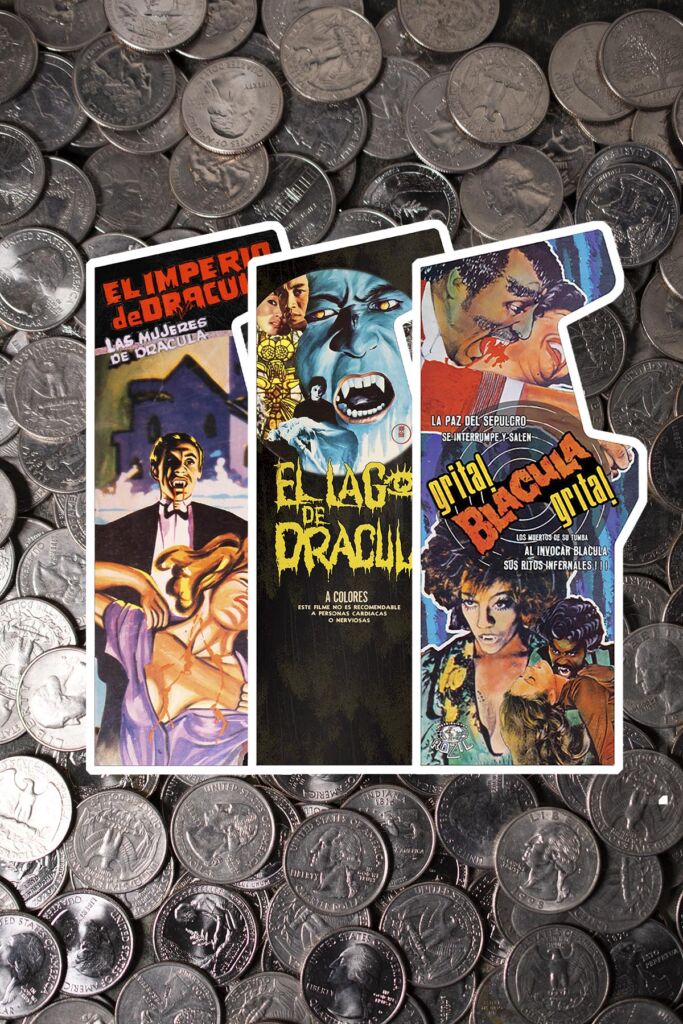 3 Large arcade stickers on a field of quarters