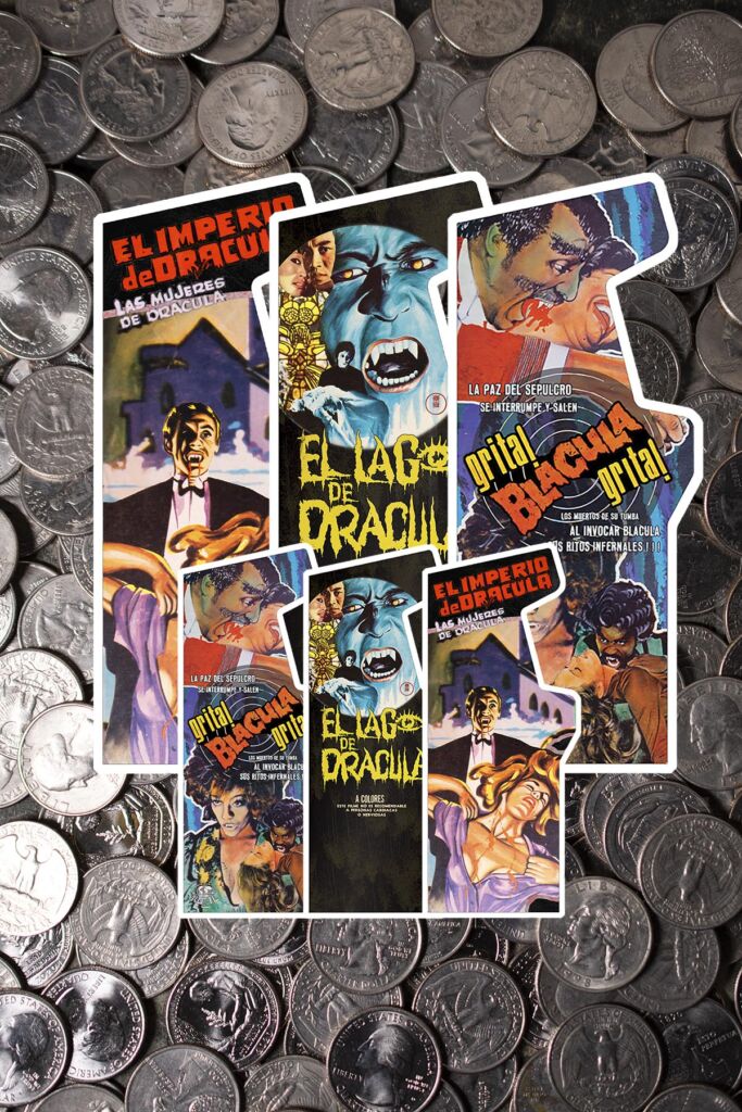 6 Arcade Stickers on a field of quarters